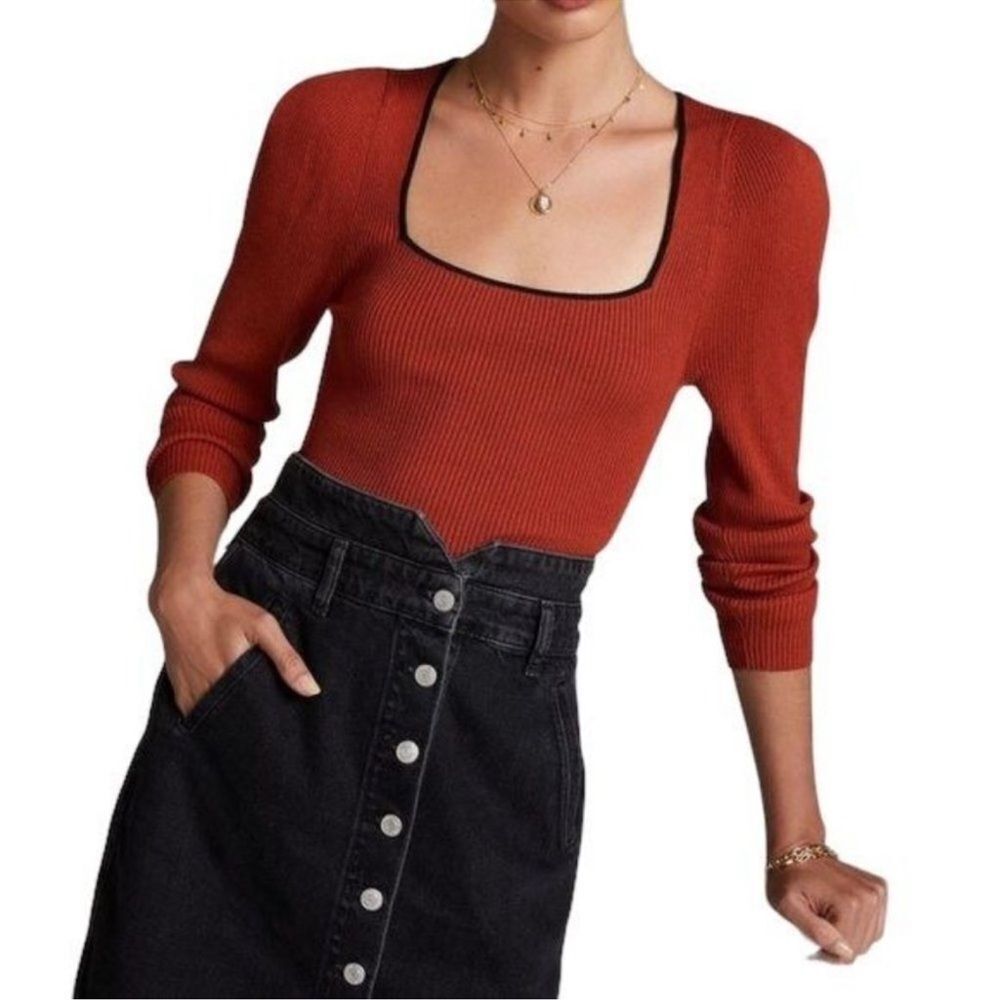 Anthropologie Maeve Square Neck ribbed knit Sweater Honey orange small